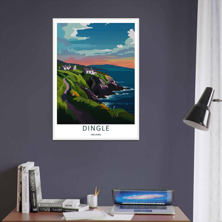 A retro style landscape art print displaying the beautiful sunset coast view of Dingle Ireland, offered as a canvas, an unframed poster, or within a framed display. The scene highlights deep sea waters meeting rocky cliffs.