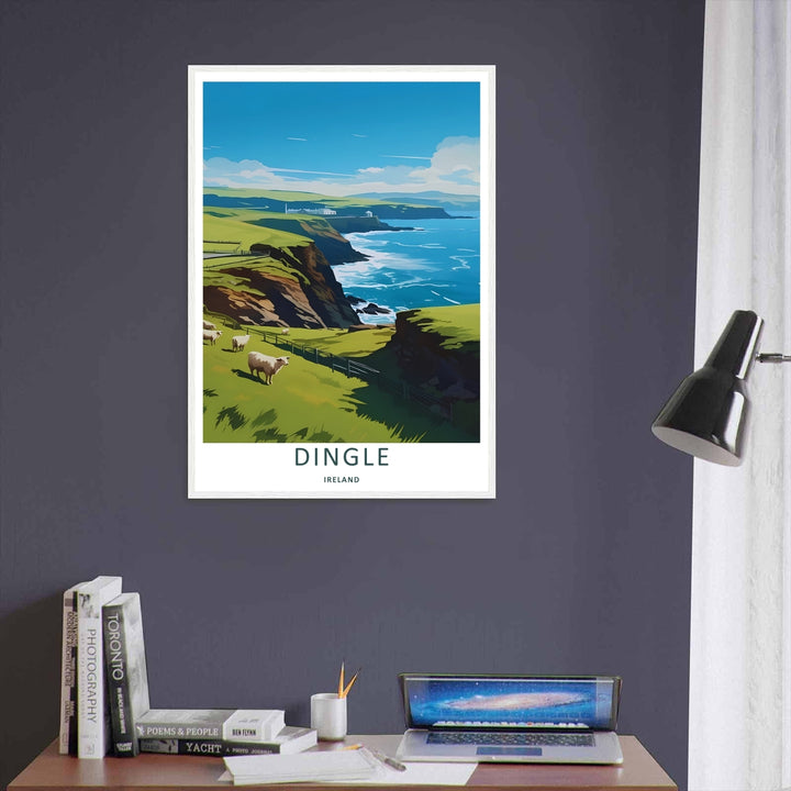 A detailed artistic vintage coastal print depicting a scenic lighthouse viewpoint in Dingle Ireland, selectable as an elegant canvas, a minimalist unframed poster, or a framed artwork display. The scene details white sheep by a fence.