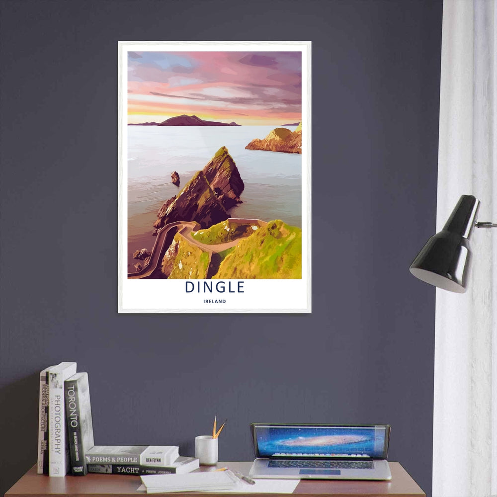 A stylized retro landscape illustration showing the winding walking trail at Dunmore Head in Dingle Ireland, offered as a canvas print, an unframed poster, or within a custom gallery black framed display.