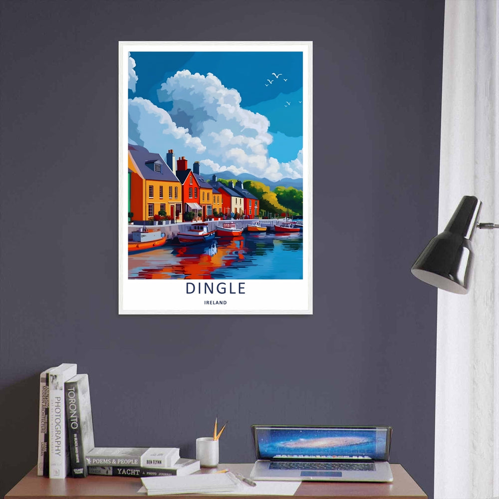 A stylized retro illustration showing the brightly colored waterfront houses of Dingle Ireland, offered as a wrapped canvas, an unframed poster, or within a custom gallery framed print display.
