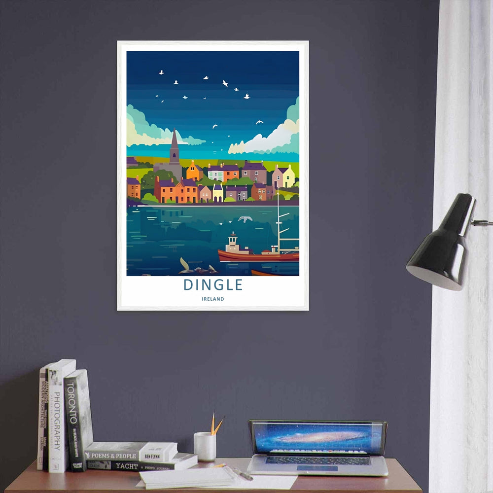 A vintage style landscape art print displaying the beautiful dark teal harbor view of Dingle Ireland, offered as a canvas, an unframed poster, or within a framed display. The scene highlights a red fishing boat resting near town.