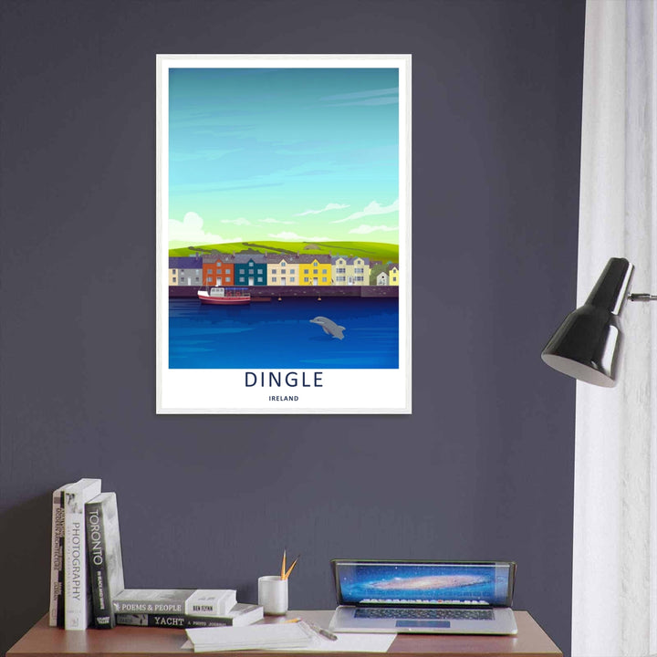 A stylized retro illustration showing the brightly colored waterfront storefronts of Dingle Ireland, offered as a wrapped canvas, an unframed poster, or within a custom gallery framed print display.