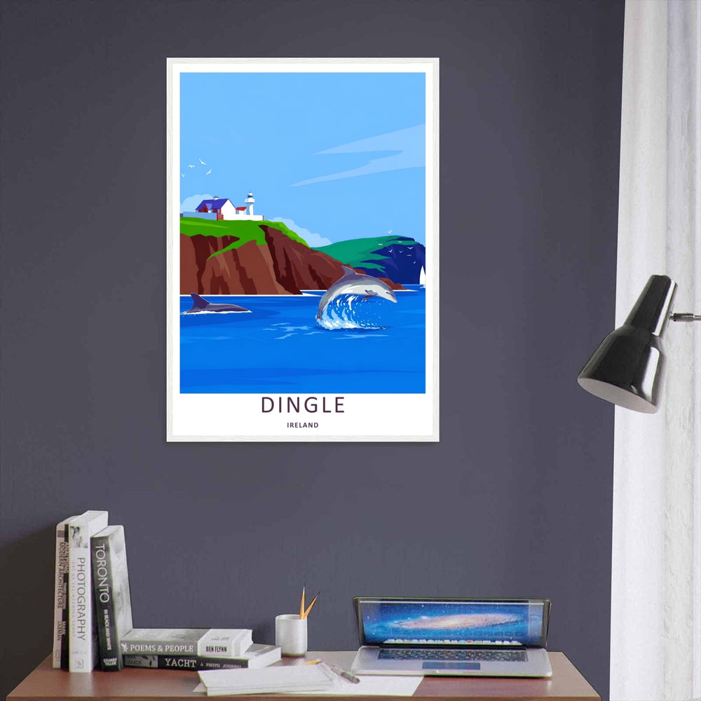 A stylized retro travel illustration showing a majestic dolphin leaping past the cliffs of Dingle Ireland, offered as a wrapped canvas, an unframed poster, or within a custom gallery black framed print display.