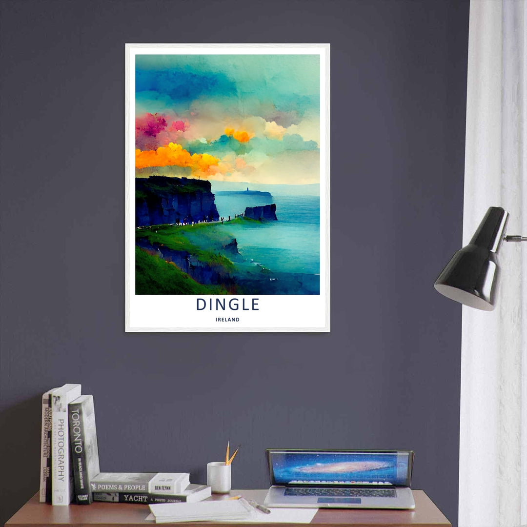 An impressionist style landscape art print displaying the luminous teal ocean waves of Dingle Ireland, offered as a canvas, an unframed poster, or within a custom gallery framed print display.