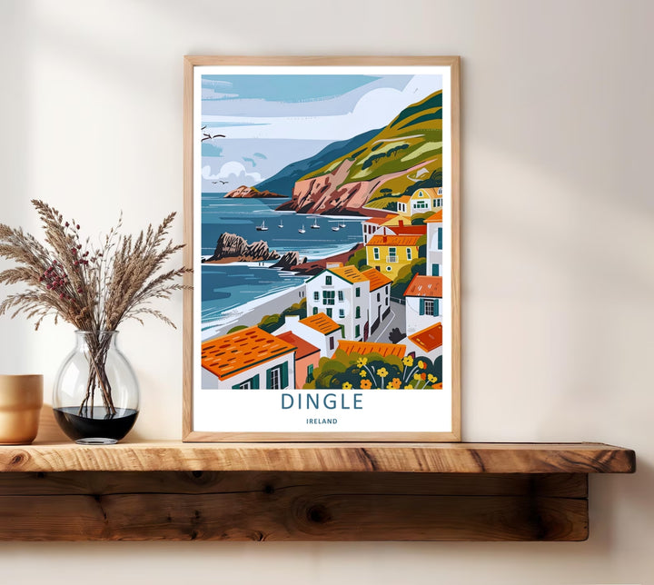 A beautiful mountain and sea theme travel poster featuring the rolling hills and walking paths of Dingle Ireland, available in flexible unframed, framed, or canvas print layouts. The illustration captures the expansive feeling of the Wild Atlantic Way.