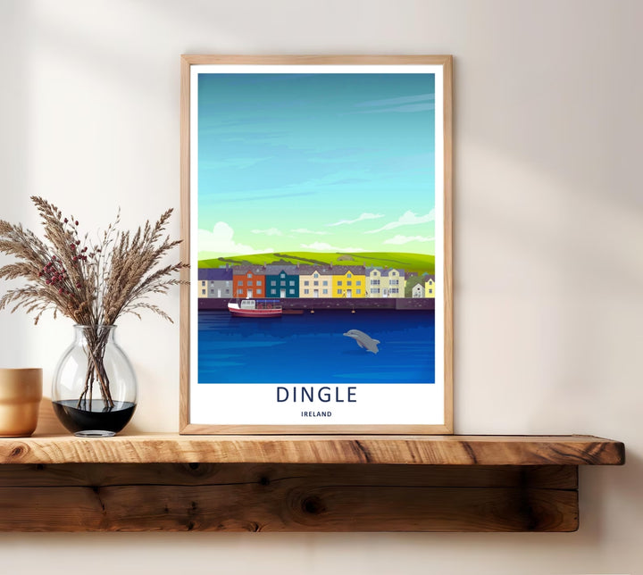 A bold vector graphic work capturing Fungie the dolphin leaping out of the water in Dingle Ireland on a clear day, ready to order as an unframed print, canvas, or a beautifully framed wall art piece.