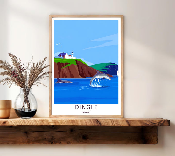A detailed artistic Dingle Lighthouse coastal village art print featuring white seabirds flying under a crisp blue sky in Dingle Ireland, selectable as an elegant canvas, a minimalist unframed poster, or a grey framed display.