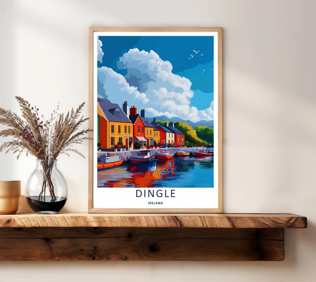 A detailed artistic coastal village art print featuring towering white clouds over the bay of Dingle Ireland, selectable as an elegant canvas, a minimalist unframed poster, or a framed artwork display.