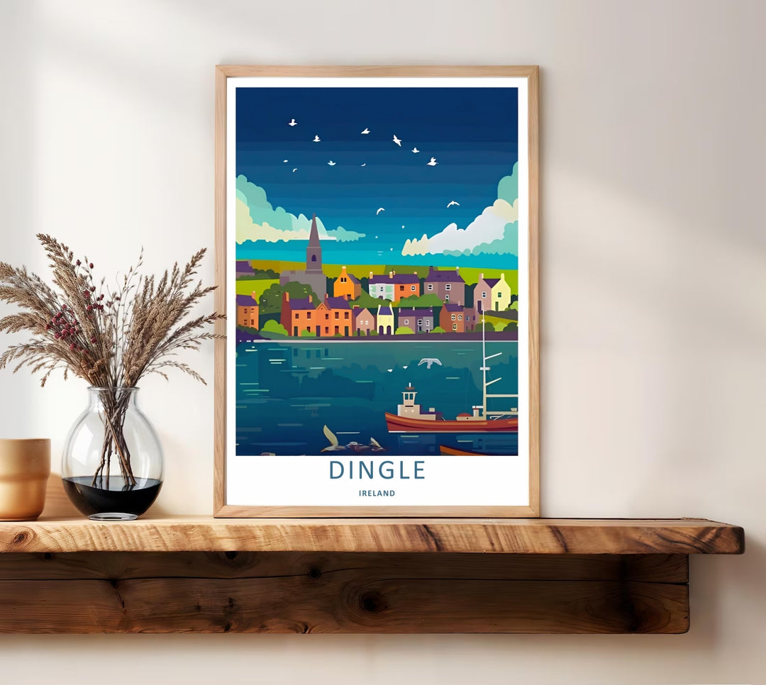 A detailed artistic vintage harbor print depicting a scenic twilight bay in Dingle Ireland, selectable as an elegant canvas, a minimalist unframed poster, or a framed artwork display. The scene details birds flying over orange and purple cottages.