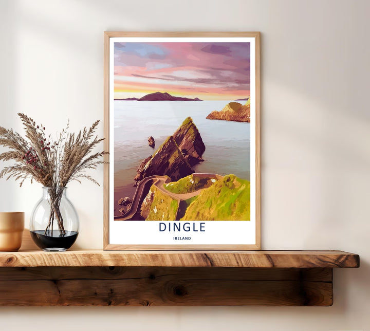 A bold vector graphic work capturing the distant Blasket Islands from Dunmore Head in Dingle Ireland on a clear morning, ready to order as an unframed print, canvas, or a beautifully natural framed wall art piece.
