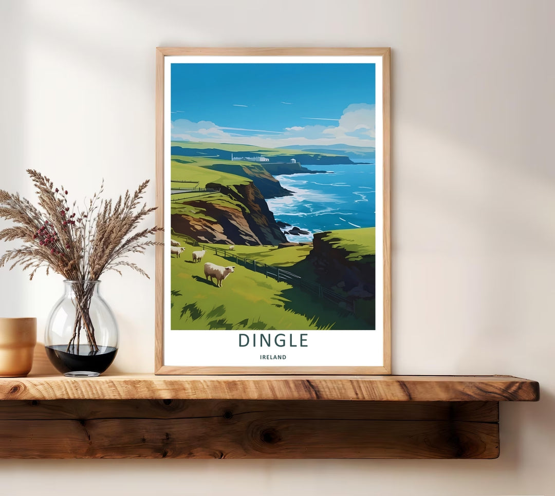 A striking vector style work of the iconic Dingle Ireland cliffside paths, ready to order as an unframed print, canvas, or a framed wall art piece. The design features bold minimalist typography centered along the clean white border.