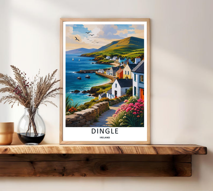 A stylized landscape print displaying a vintage style Dingle Ireland ocean view with sailboats on the horizon, with options to purchase as an unframed print, a high-quality stretched canvas, or a luxury silver framed display.