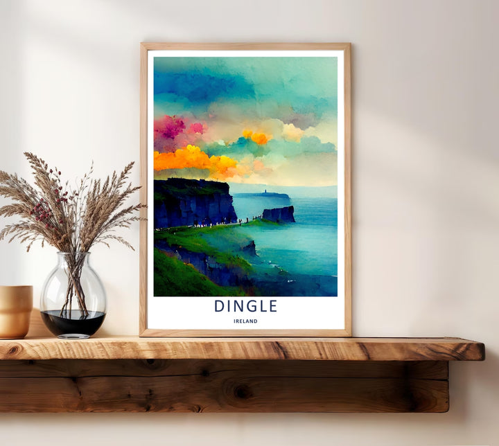 High-quality wall decor showing an abstract watercolor Dingle Ireland cliffside illustration at sunset, purchasable as premium canvas wall art, an unframed poster print, or a custom framed art piece.