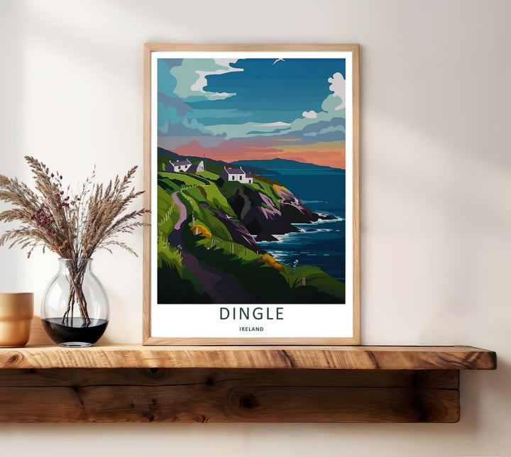 A detailed artistic sunset coastal print depicting a scenic cliff viewpoint in Dingle Ireland, selectable as an elegant canvas, a minimalist unframed poster, or a framed artwork display. The scene details white houses by the ocean.