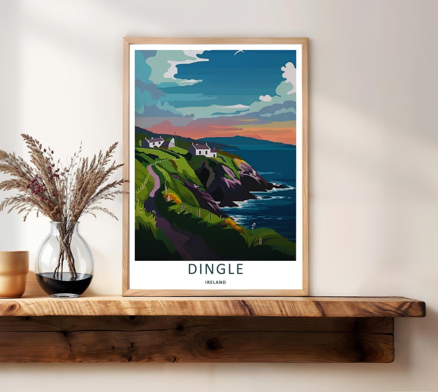 A detailed artistic sunset coastal print depicting a scenic cliff viewpoint in Dingle Ireland, selectable as an elegant canvas, a minimalist unframed poster, or a framed artwork display. The scene details white houses by the ocean.