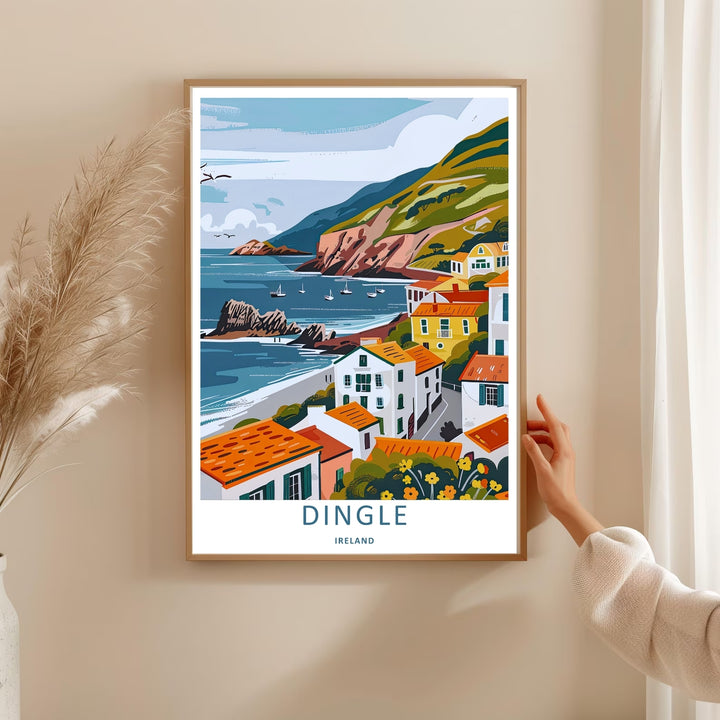 High-quality travel poster artwork showing a graphic Dingle Ireland seaside town illustration, purchasable as canvas wall art, an unframed print, or a framed art piece. The print captures the bold blocky shapes of a hillside village.