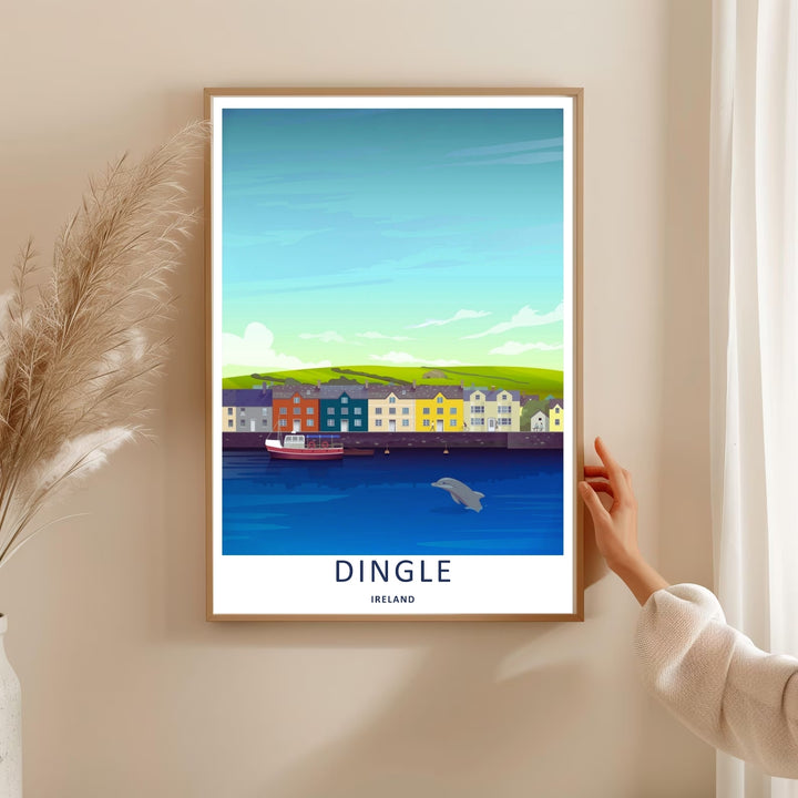 Bright and cheerful wall decor depicting a small fishing boat docked along the stone pier in Dingle Ireland, purchasable as premium canvas wall art, an unframed poster print, or a custom framed art piece.