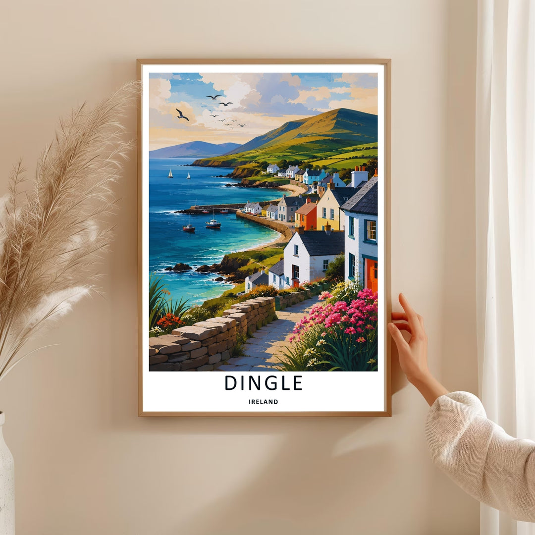 Bright and cheerful wall decor depicting a crescent-shaped sandy beach and stone pier in Dingle Ireland, purchasable as premium canvas wall art, an unframed poster print, or a custom white framed art piece.