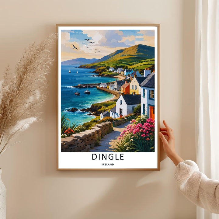 Bright and cheerful wall decor depicting a crescent-shaped sandy beach and stone pier in Dingle Ireland, purchasable as premium canvas wall art, an unframed poster print, or a custom white framed art piece.