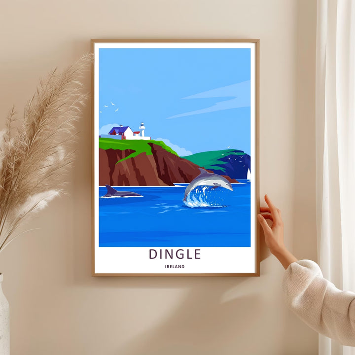A bold vector graphic work capturing two dolphins swimming in the deep blue ocean near Dingle Lighthouse in Dingle Ireland, ready to order as an unframed print, canvas, or a beautifully natural framed wall art piece.