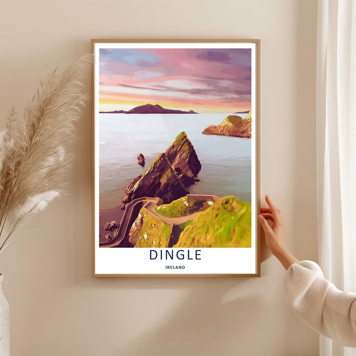 Bright and colorful wall decor depicting the majestic sharp rock formations of Dunmore Head in Dingle Ireland, purchasable as premium canvas wall art, an unframed poster print, or a custom white framed art piece.