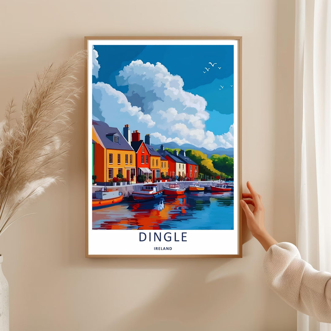 Bright and cheerful wall decor depicting small fishing boats docked along the pier in Dingle Ireland, purchasable as premium canvas wall art, an unframed poster print, or a custom framed art piece.