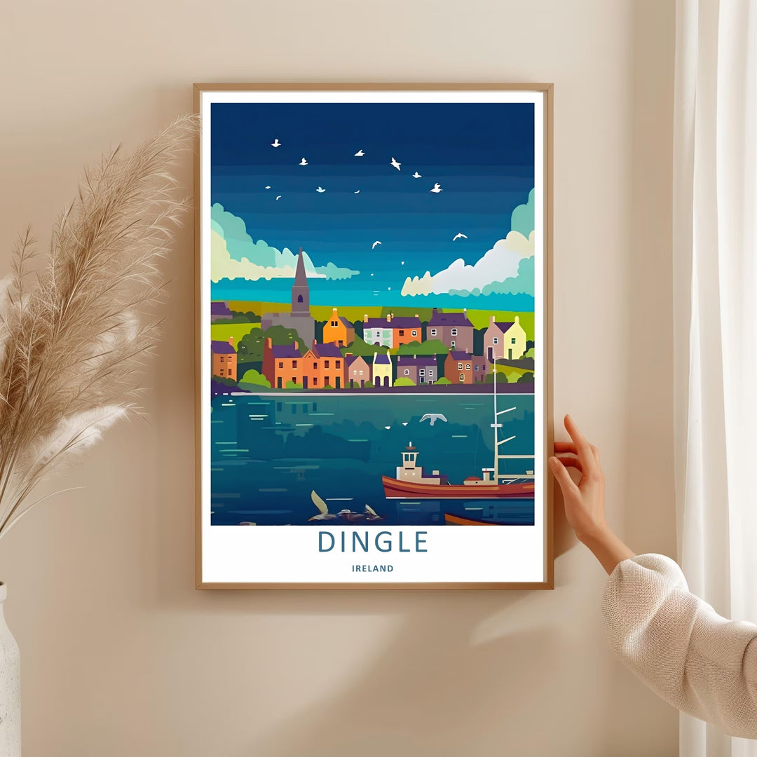 High-quality wall decor showing a graphic Dingle Ireland seaside town illustration at twilight, purchasable as canvas wall art, an unframed print, or a framed art piece. The print captures bold blocky shapes of a harbor village.