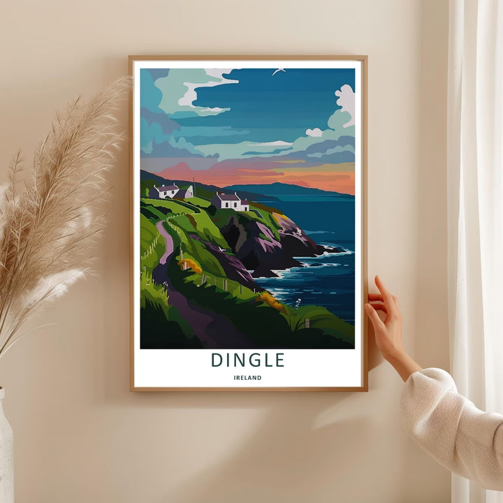 A striking vector style work of the iconic Dingle Ireland coastal headlands, ready to order as an unframed print, canvas, or a framed wall art piece. The design features bold minimalist typography centered along the clean white border.
