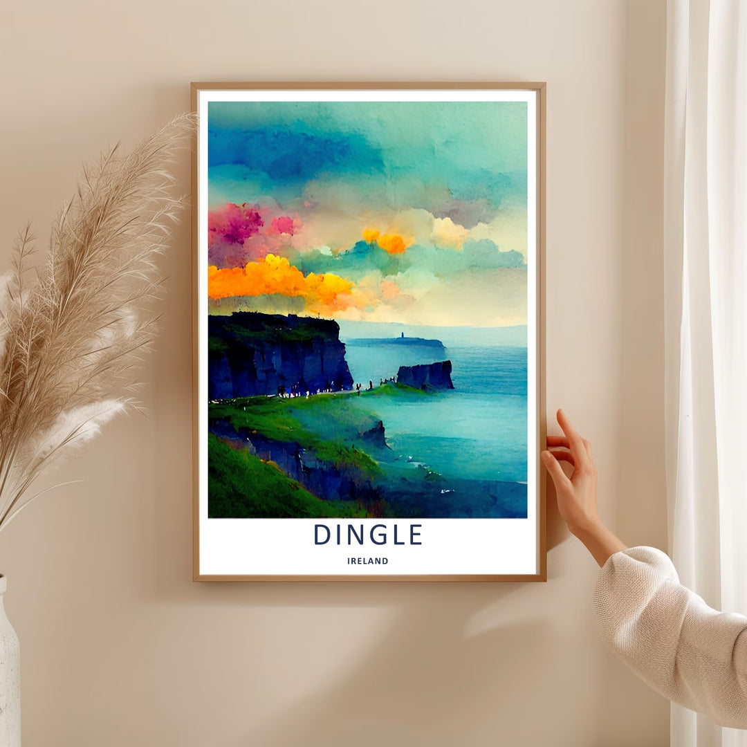 A bold painterly graphic work capturing the iconic coastal trail of Dingle Ireland beneath a magenta sky, ready to order as an unframed print, canvas, or a beautifully framed wall art piece.