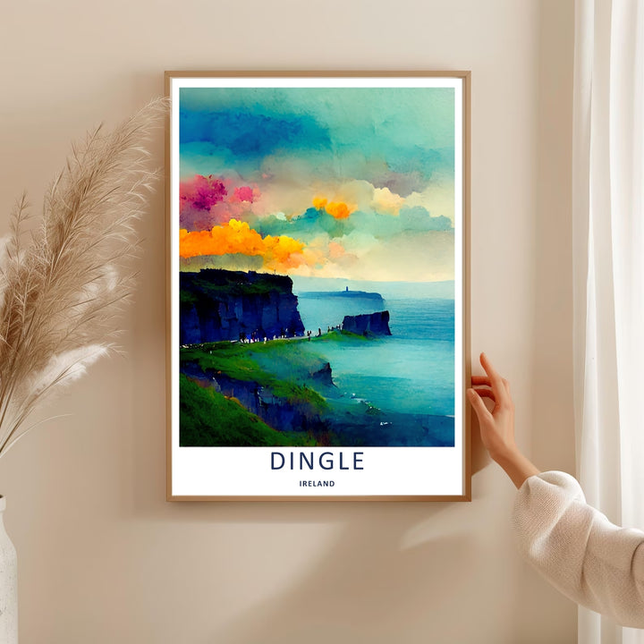 A bold painterly graphic work capturing the iconic coastal trail of Dingle Ireland beneath a magenta sky, ready to order as an unframed print, canvas, or a beautifully framed wall art piece.