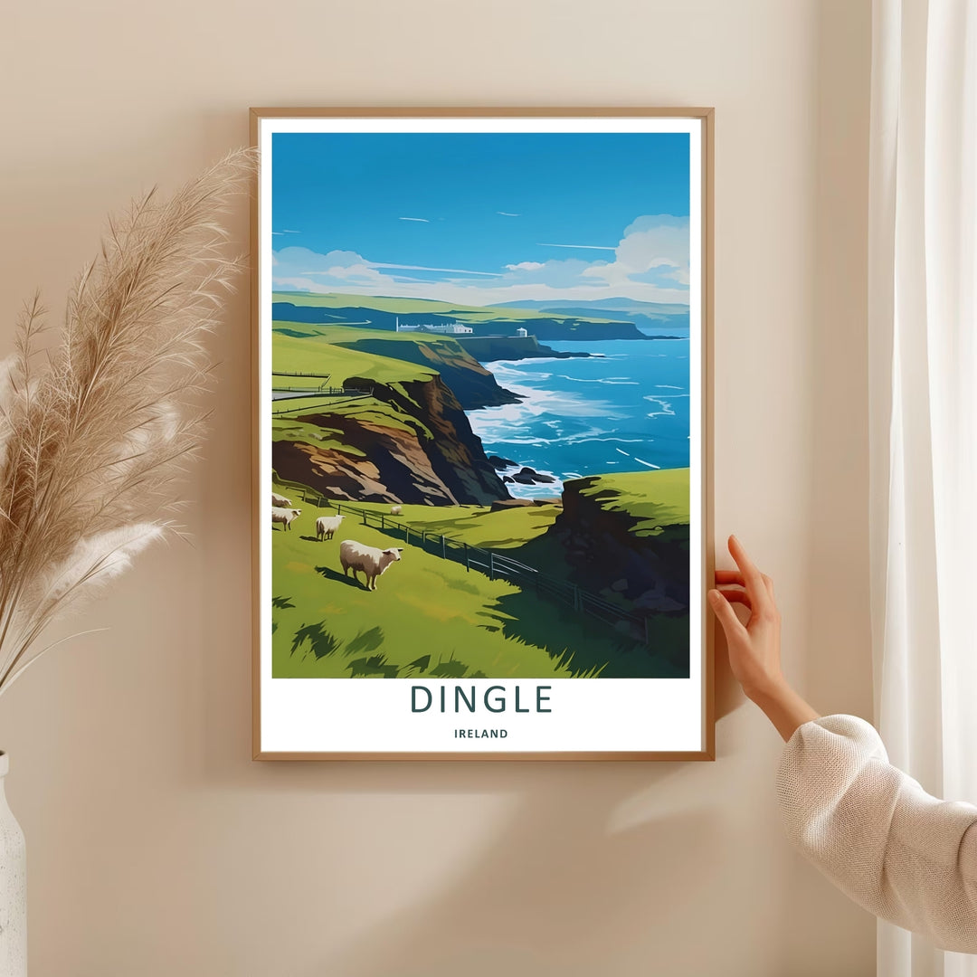 High-quality wall decor showing a graphic Dingle Ireland countryside illustration on a sunny afternoon, purchasable as canvas wall art, an unframed print, or a framed art piece. The print captures bold blocky shapes of rolling green fields.