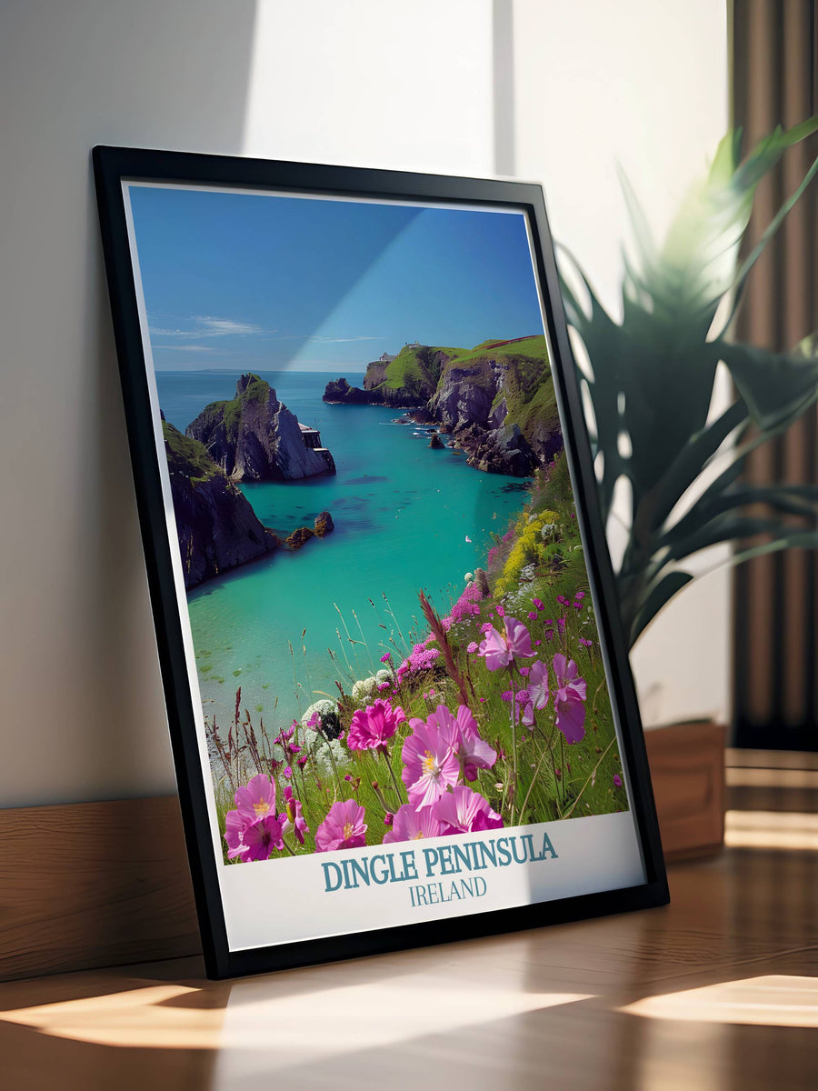 Springtime view of Dunquin Pier, with blooming flowers and vibrant green grass leading down to the ocean.