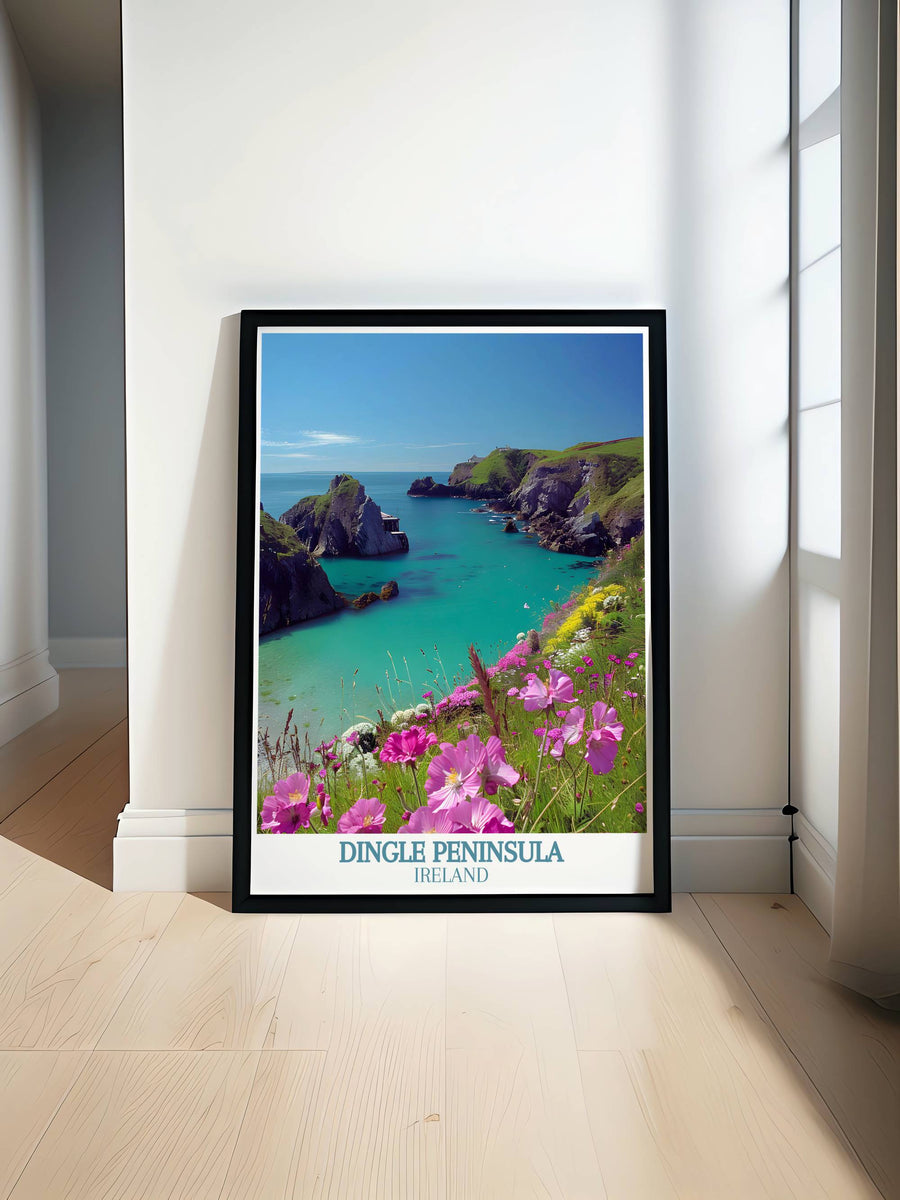  A picturesque view of Dunquin Pier overlooking the Atlantic Ocean, with clear skies and rugged cliffs surrounding the winding path down to the sea.