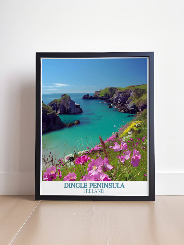 Scenic Dingle Peninsula landscape captured in vibrant colors, featuring Dunquin Pier with boats floating gently on calm waters.