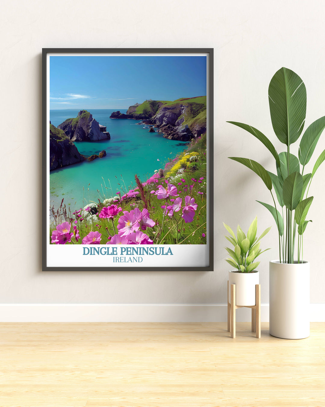 Artistic rendition of Dunquin Pier at sunset, the sky painted in hues of orange and pink above the serene ocean.
