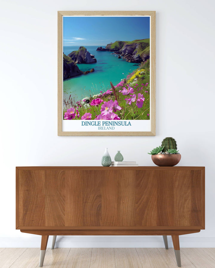 Detailed illustration of Dunquin Pier surrounded by lush greenery and wildflowers, a serene spot on the Dingle Peninsula.