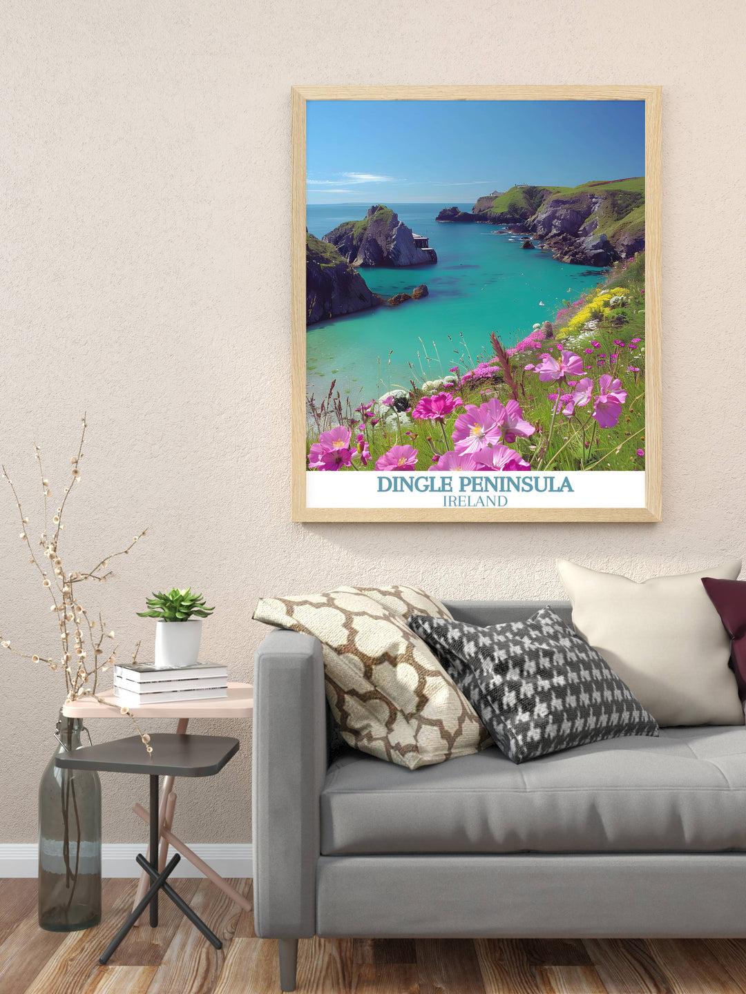 High quality print of Dunquin Pier, showcasing the natural contrast between the emerald Irish grass and the deep blue sea.