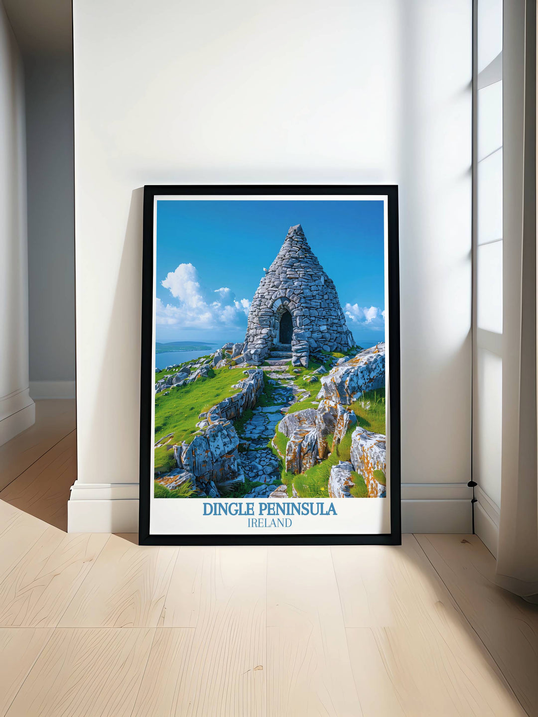  Detailed artistic rendering of Gallarus Oratory with lush green fields and the cloudy Irish sky in the background, emphasizing the historic architecture.