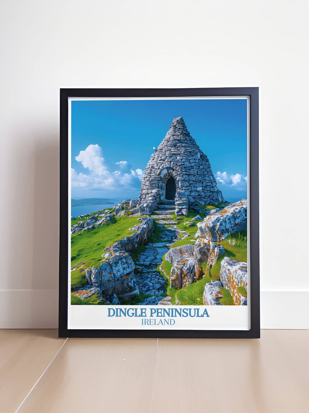 Gallarus Oratory against a backdrop of the Dingle Peninsulas rugged coastline, showcasing the harmony between man made structures and natural beauty.