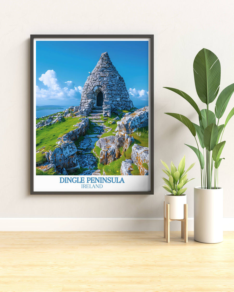 Vintage style print of Gallarus Oratory, highlighting the ancient stonework and the surrounding vibrant greenery.