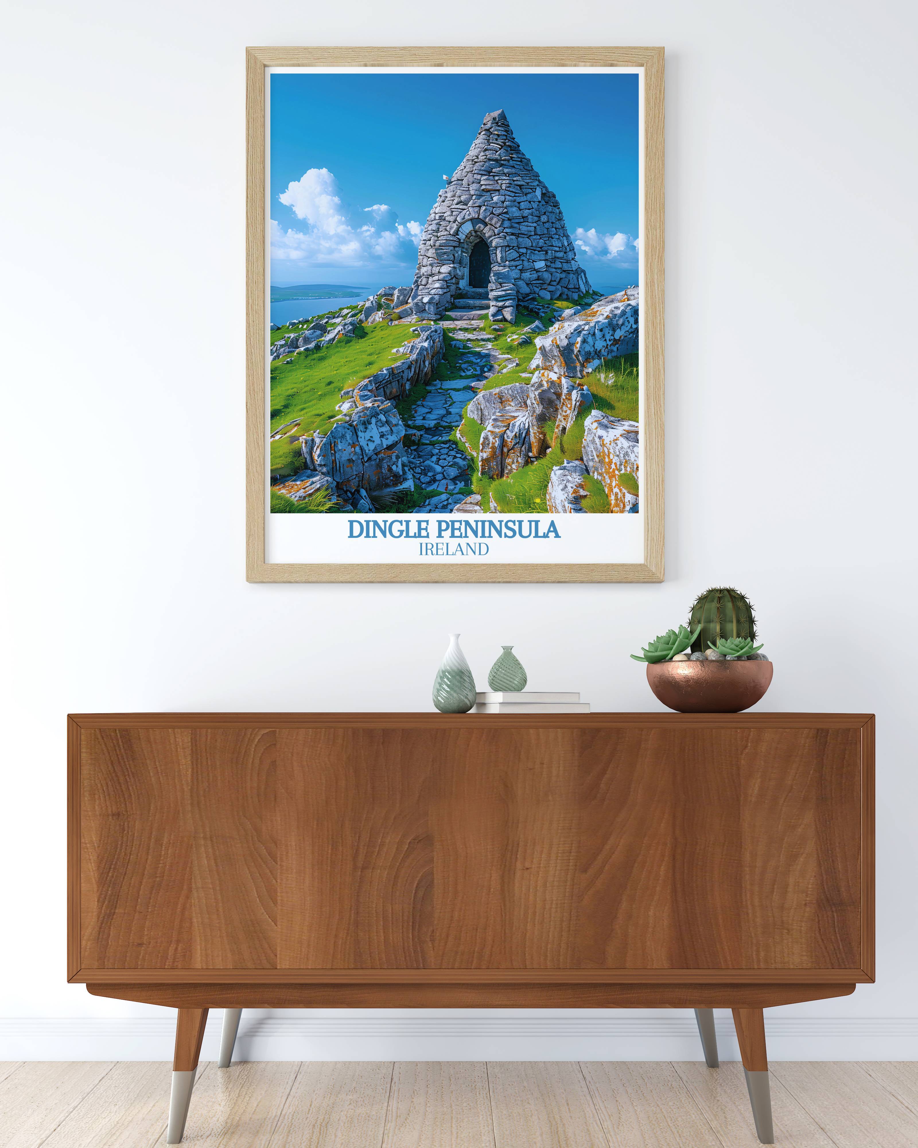 Dingle Ireland poster featuring Gallarus Oratory from MapYourDreams, original Kerry travel print of the 1300-year-old dry stone oratory on the Dingle Peninsula, available as framed Irish wall art and canvas prints for history lovers and Dingle Peninsula lovers worldwide