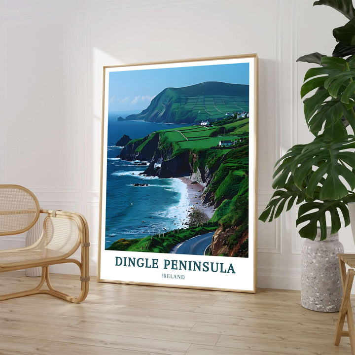 Lush green patchworked fields slope down to jagged ocean bluffs in this detailed Dingle Peninsula print by MapYourDreams. Available as an unframed travel art print, a premium gallery-wrapped canvas, or a sleek framed setup capturing the rugged beauty of County Kerry on Ireland&
