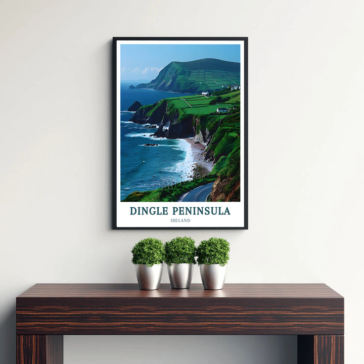 Dramatic coastal perspective captures waves washing over sandy coves below steep green mountain ridges on the Dingle Peninsula. Offered as an unframed art poster, a dark wood frame print, or a textured gallery canvas that brings authentic Wild Atlantic Way atmosphere directly into your home gallery.