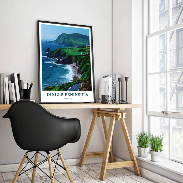 Crashing surf, white coastal cottages, and towering headlands highlight the beauty of Slea Head Drive in this eye-catching Ireland wall art piece. Choose between an unframed paper print, a textured gallery canvas print, or a black or wood framed display format tailored for Ireland and travel lovers.