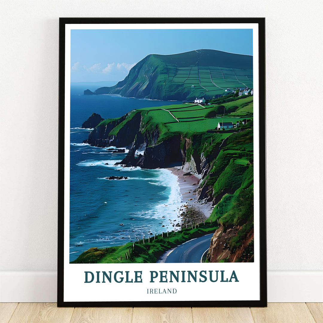 A winding coastal road along Slea Head Drive hugs dramatic green cliffs overlooking turquoise Atlantic waters in this vibrant Dingle Peninsula poster. Offered as a ready-to-hang stretched gallery canvas print, an elegant black framed display, or an unframed high-quality paper poster for home decor.
