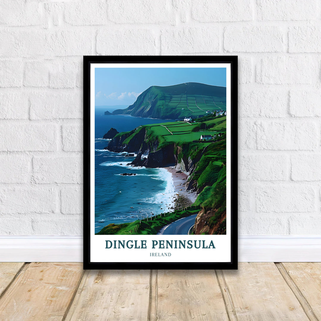 Deep ocean blues complement bright emerald pastures and white farmhouses along Slea Head Drive in this County Kerry Ireland wall art piece. Order this homage to Irish coastal beauty as a ready-to-hang canvas, an unframed poster, or a sleek framed display piece for your living room or entryway walls.