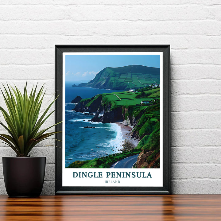 Sweeping coastal views looking out toward the Atlantic Ocean along the cliffs of Slea Head Drive create a serene and inspiring mood. Offered in unframed paper, gallery-wrapped canvas, or framed print formats, this artwork brings iconic Irish natural beauty to rustic, modern, or coastal interiors.