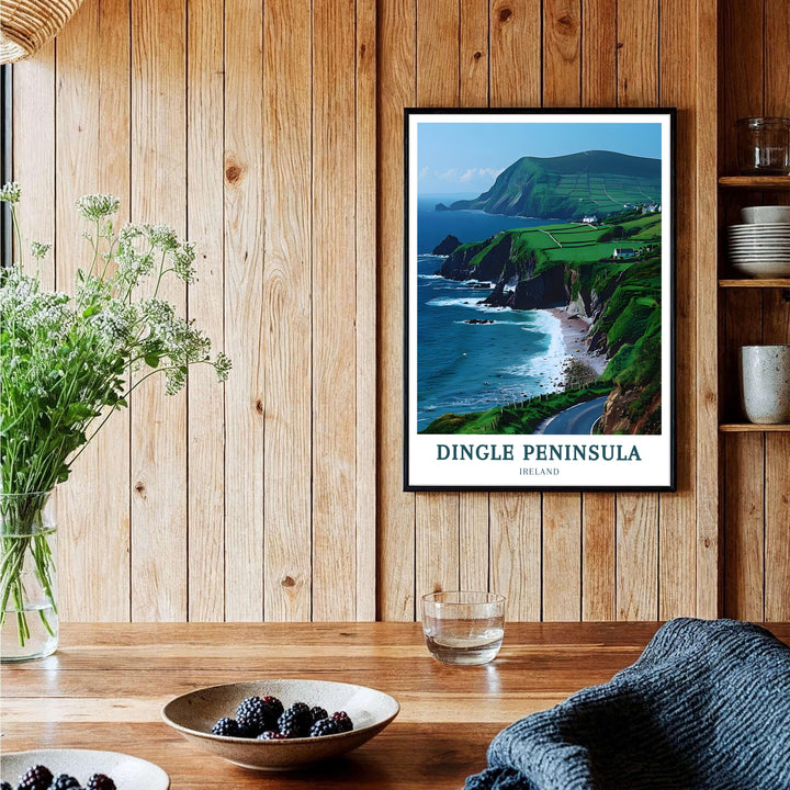 Traditional Irish stone walls crisscrossing vibrant green hillsides above the crashing Atlantic sea on Ireland&