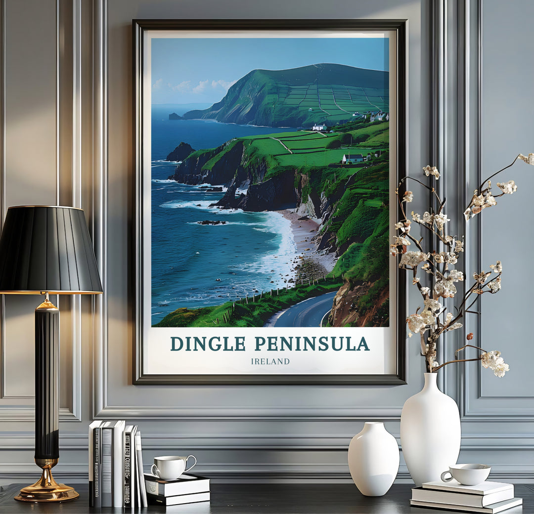 Sunlight illuminates green mountain slopes and secluded coastal beaches along Slea Head Drive on a clear day in County Kerry, Ireland. Select from an unframed art poster, a gallery canvas, or a framed display to add refreshing Irish scenery to your living room, bedroom, or vacation cottage decor.
