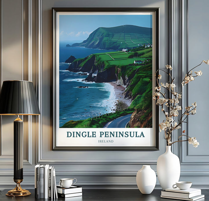 Sunlight illuminates green mountain slopes and secluded coastal beaches along Slea Head Drive on a clear day in County Kerry, Ireland. Select from an unframed art poster, a gallery canvas, or a framed display to add refreshing Irish scenery to your living room, bedroom, or vacation cottage decor.